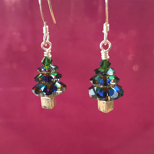 Swarovski Crystal handmade Christmas Tree earrings in Vitrail green, sterling silver