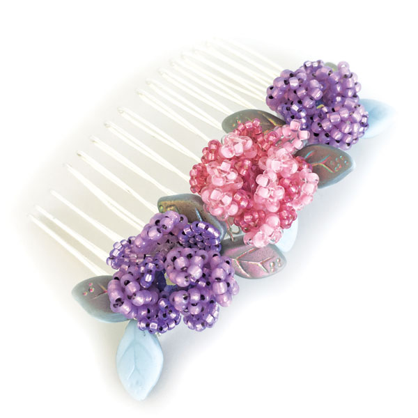 Hair comb decorated with brick stitch peony flowers