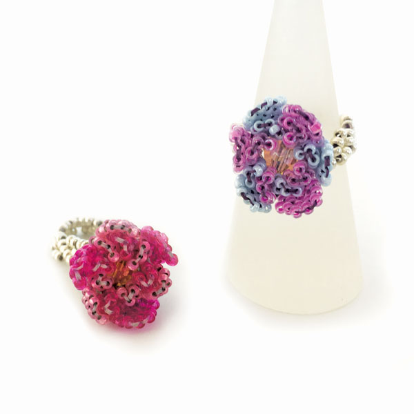 Beaded flower rings made with brick stitch